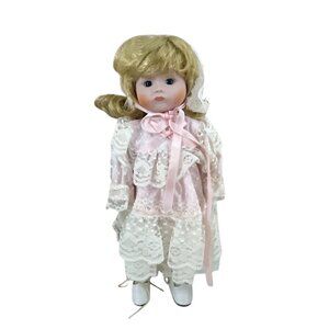 Vintage Mann Collectible Porcelain Doll Blonde Curls Lace Dress 14'' Pink Ribbon
